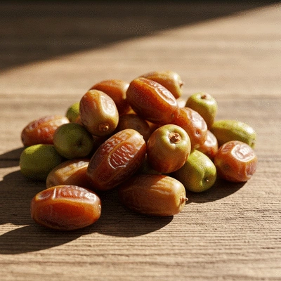 Pile of fresh dates on a rustic wooden table with bright natural light, no text, no words, no typography, clean image