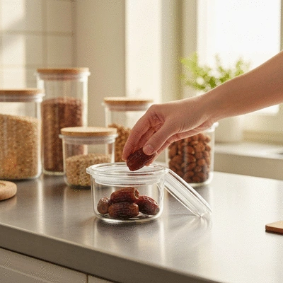 A hand placing dates into an airtight glass container for storage