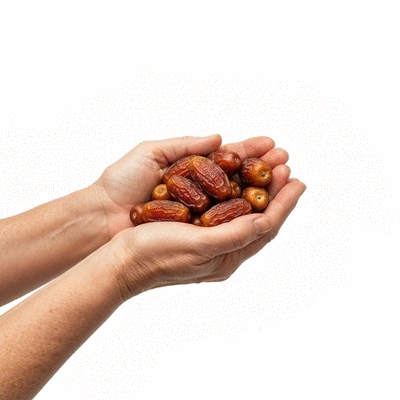 Hands holding organic and fair trade certified dates