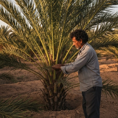 Date farmer inspecting date palms in a sustainable farm