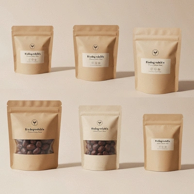 Various sustainable packaging materials for dates, including biodegradable pouches and minimalist design, no text, no words, no typography, no labels, clean image