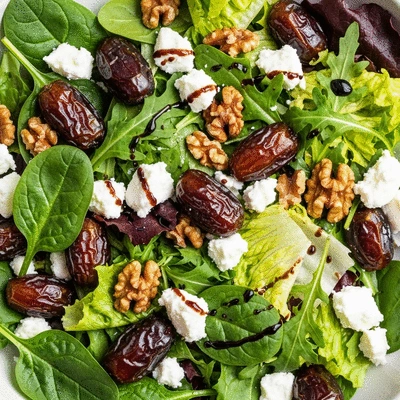 A vibrant salad with various greens, chopped Medjool dates, goat cheese, and walnuts, drizzled with balsamic glaze, artfully arranged, no text, no words, no typography, clean image