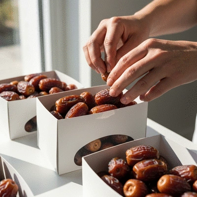 A person sorting fresh dates into packaging for retail