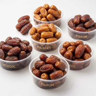 Assortment of different date varieties in separate labeled containers