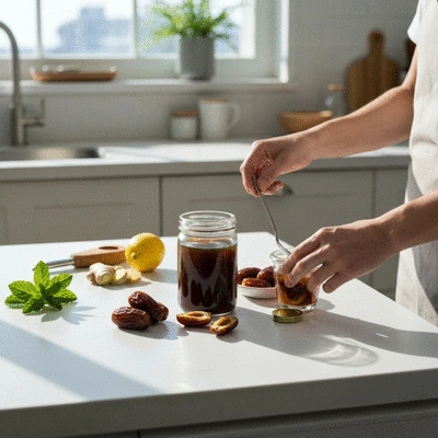 Hands preparing date-infused beverages, showing fresh dates and syrup