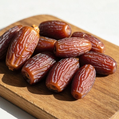 Assortment of Ajwa, Medjool, and Khalas dates on a wooden board