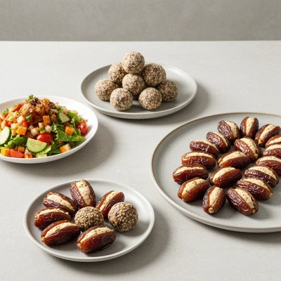 Variety of dishes made with fresh dates, including a salad, energy balls, and stuffed dates, presented on a light background