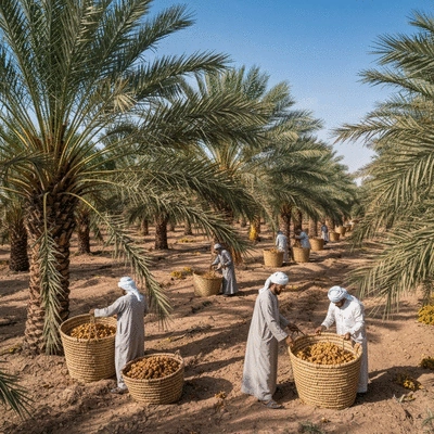 Workers harvesting dates in a lush date palm orchard
