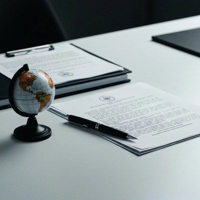 Documents and a globe on a desk, symbolizing global trade regulations