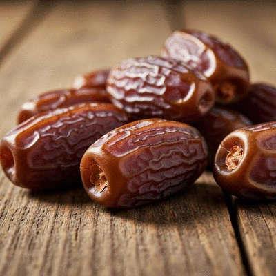 Close-up of premium dates on a rustic wooden table with soft natural light