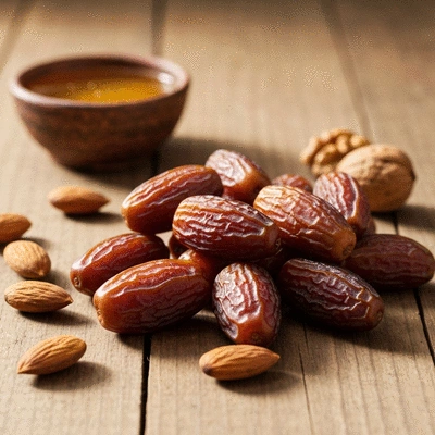Close-up of fresh dates on a rustic wooden table, with a scattering of nuts and a small bowl of honey in the background, soft natural light, no text, no words, no typography, 8K