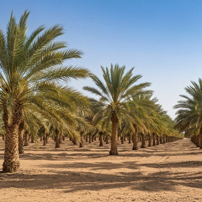 A wide shot of a lush date palm plantation under a clear blue sky, showing rows of healthy trees in an arid landscape, no text, no words, no typography, no labels, clean image