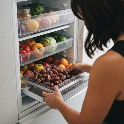 Person arranging various types of fresh produce in a refrigerator