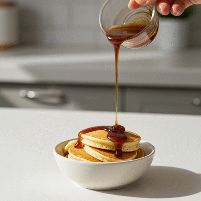 Date syrup being drizzled over pancakes and date sugar in a bowl, clean kitchen counter background