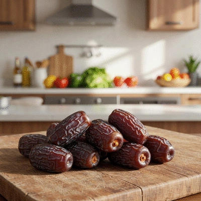 Close-up of fresh dates on a wooden board with a blurred background of a healthy kitchen setting, no text, no words, no typography, clean image