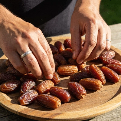 Close-up of hands arranging various types of dates on a rustic wooden platter, demonstrating careful selection, no text, no words, no typography, 8K