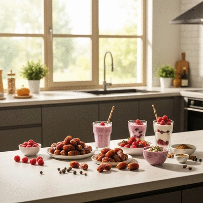 Sukkari dates arranged with various ingredients for smoothies and desserts, showcasing culinary versatility, bright kitchen setting, no text, no words, no typography, 8K