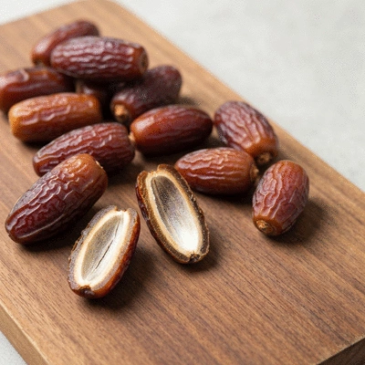 Assortment of Medjool and Deglet Noor dates on a rustic wooden board, with some dates sliced open to show their texture, no text, no words, no typography, clean image