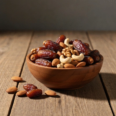 Bowl of dates and nuts, symbolizing a healthy snack for weight loss