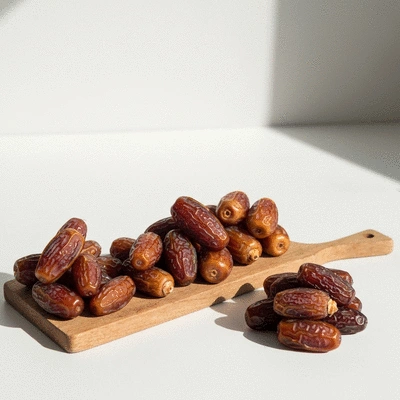 Assortment of various date varieties (Medjool, Deglet Noor, Ajwa, Sukkari) beautifully arranged on a wooden board, clean image