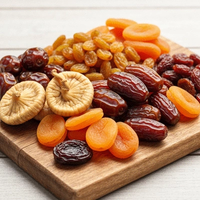 Assortment of dried fruits on a wooden board