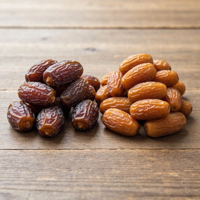 Organic fresh dates on a rustic wooden table next to conventional dates, clearly distinguishable, with natural lighting.