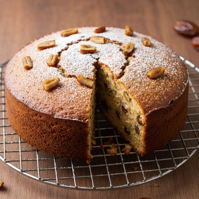 Close-up of a perfectly baked gluten-free date cake on a cooling rack, garnished with chopped dates and a light dusting of powdered sugar, no text, no words, no typography, clean image