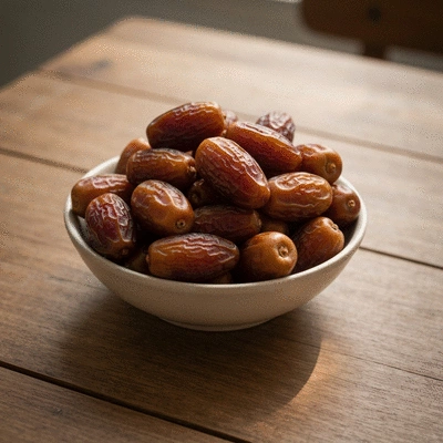 Bowl of fresh dates on a rustic wooden table