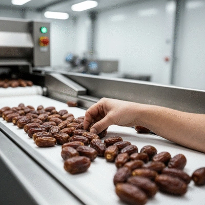 Hand sorting organic dates on a conveyor belt in a processing facility