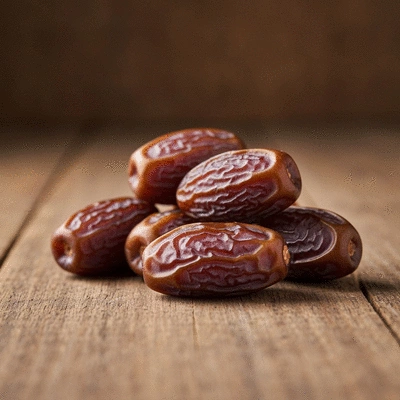Close-up of Ajwa dates on a wooden surface, highlighting their rich texture and color