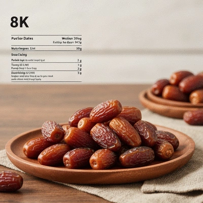 Close-up of fresh dates on a rustic wooden platter with nutritional information overlayed