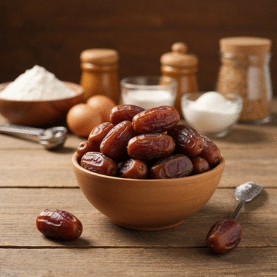 Bowl of fresh dates next to baking ingredients