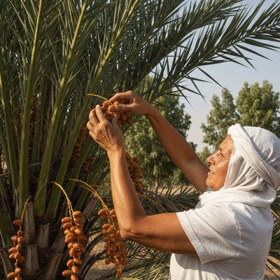 Farmers hand-picking fresh dates from palm trees in a sunny orchard
