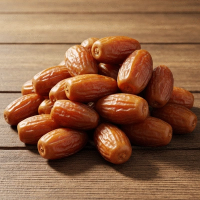 Pile of fresh dates on a wooden table