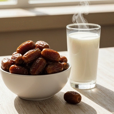 Close-up of dates with a glass of milk, representing calcium and vitamin D for bone health