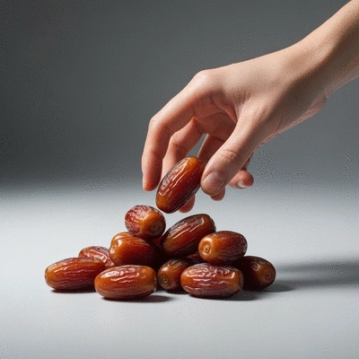 Hand arranging fresh dates on a clean, light background, emphasizing quality and presentation, clean image