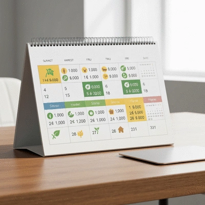 Calendar with highlighted dates indicating harvest seasons and pricing fluctuations for dates