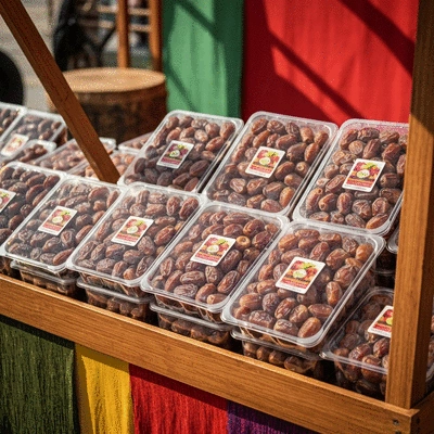 Bulk fresh dates in clear, attractive packaging on a market stall