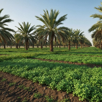 Sustainable organic date farm with palm trees and healthy soil