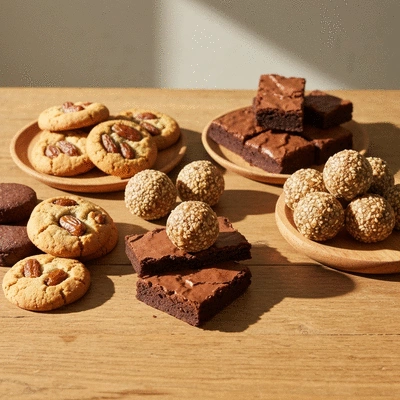 Assortment of baked goods made with dates, like cookies and brownies, on a rustic wooden table