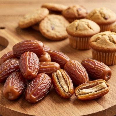 Assortment of Medjool dates on a rustic wooden board, some whole, some pitted, next to gluten-free baked goods like cookies and muffins, no text, no words, no typography, clean image
