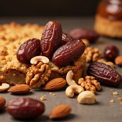 Mabroom dates used in a culinary setting, perhaps on a dessert or with nuts, emphasizing their versatility, no text, no words, no typography, 8K