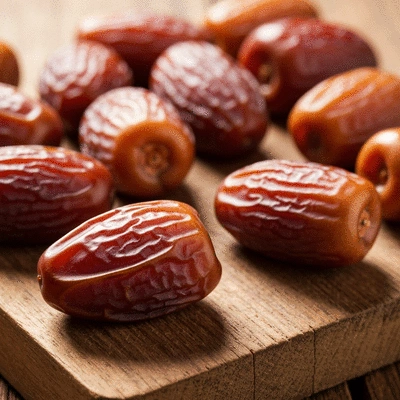 Close-up of a variety of Medjool dates on a rustic wooden board, showing their plump texture and natural sweetness