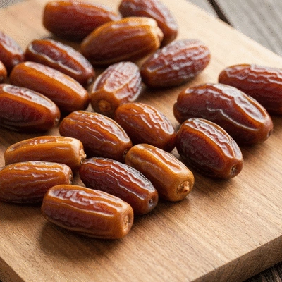 A close-up shot showcasing different varieties of dates, such as Medjool, Deglet Noor, and Ajwa, on a rustic wooden board.