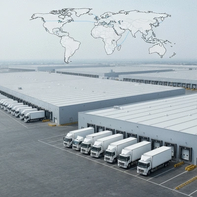 Modern supply chain logistics for date distribution, featuring trucks and warehouses