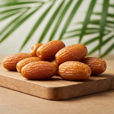 Close-up of fresh dates on a wooden board with blurred green leaves in the background