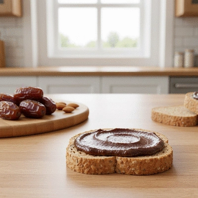 Homemade date spread on whole grain toast with fresh dates and almonds in background