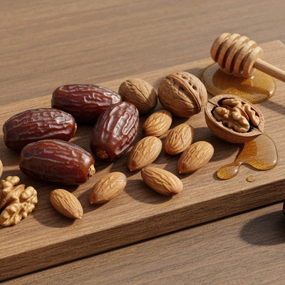 Assortment of Medjool dates, almonds, walnuts, and a drizzle of honey on a wooden board