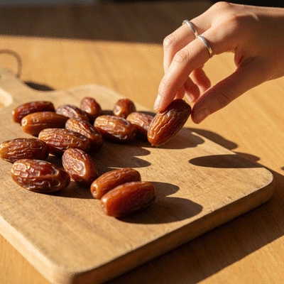 Close-up of fresh dates on a rustic wooden board, a hand reaching for one, symbolizing healthy snacking for skin vitality