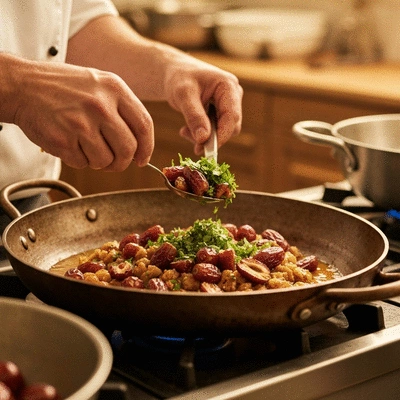 Chef preparing a savory dish with dates and herbs